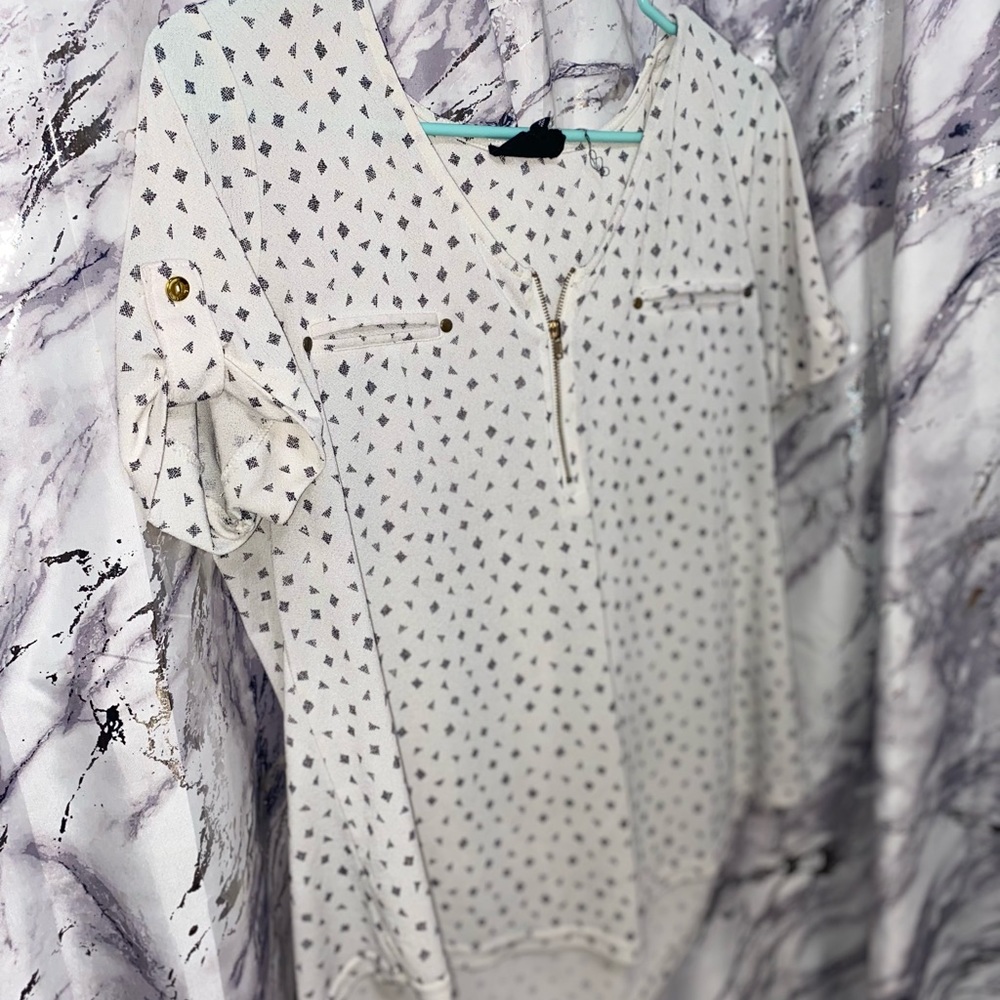 White Blouse with Half Zipper and Black Diamond Pattern